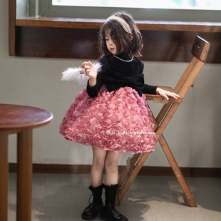 女童加绒玫瑰花网纱连衣裙2025秋冬新款女孩赫本背心裙生日公主裙