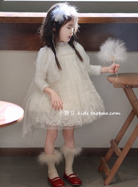 女童白色蕾丝仙女裙加绒连衣裙2025冬新款女孩花童公主裙生日礼服
