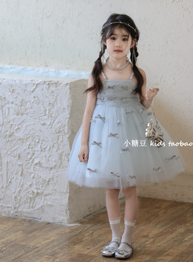 女童蓝色蝴蝶结网纱连衣裙2026夏季新款女孩生日裙礼服吊带公主裙