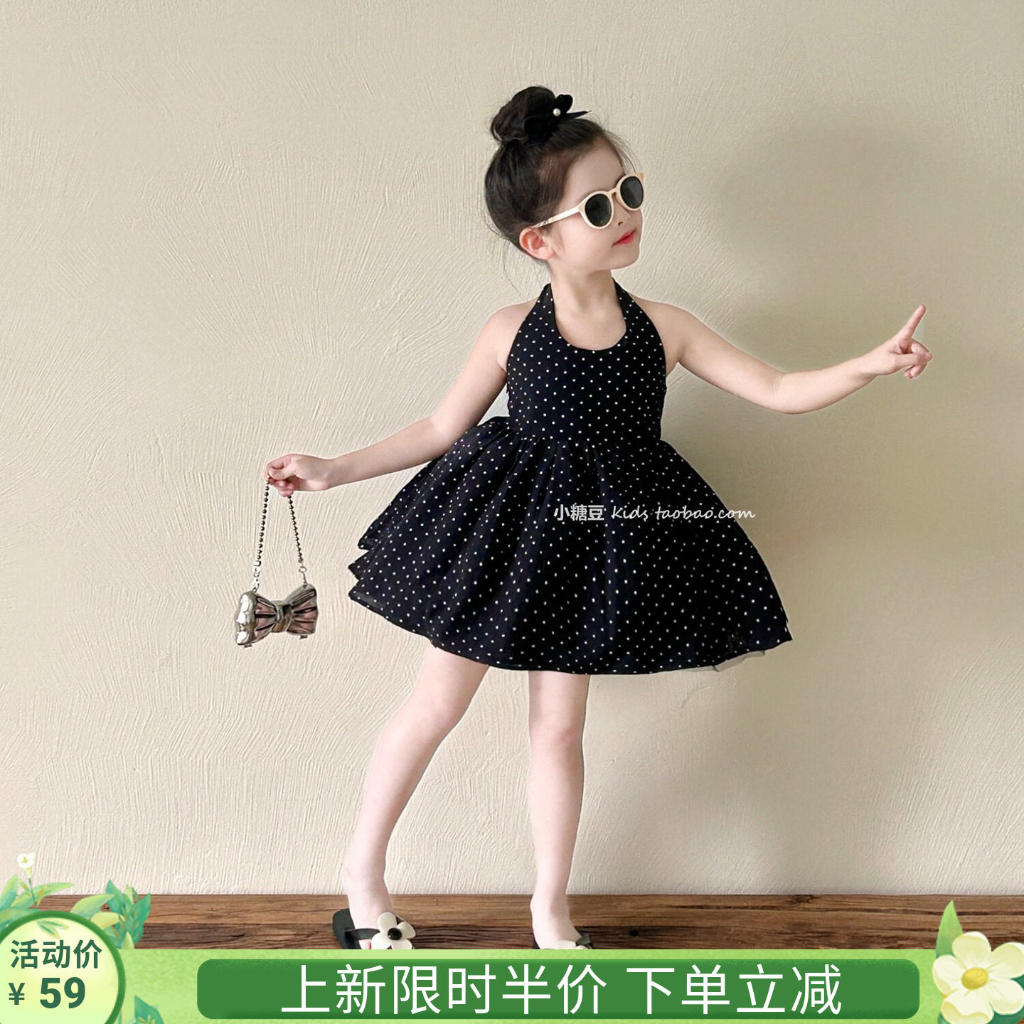 女童黑色波点挂脖连衣裙2026夏季新款女孩洋气公主裙背心裙蓬蓬裙