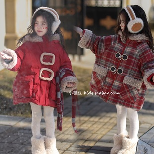 女童红色格子棉服两面穿拜年服2025冬季新款女孩元旦新年加厚棉衣