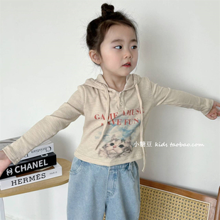 韩版 女孩可爱猫咪短款 2024春季 针织衫 新款 儿童卡通印花连帽打底衫