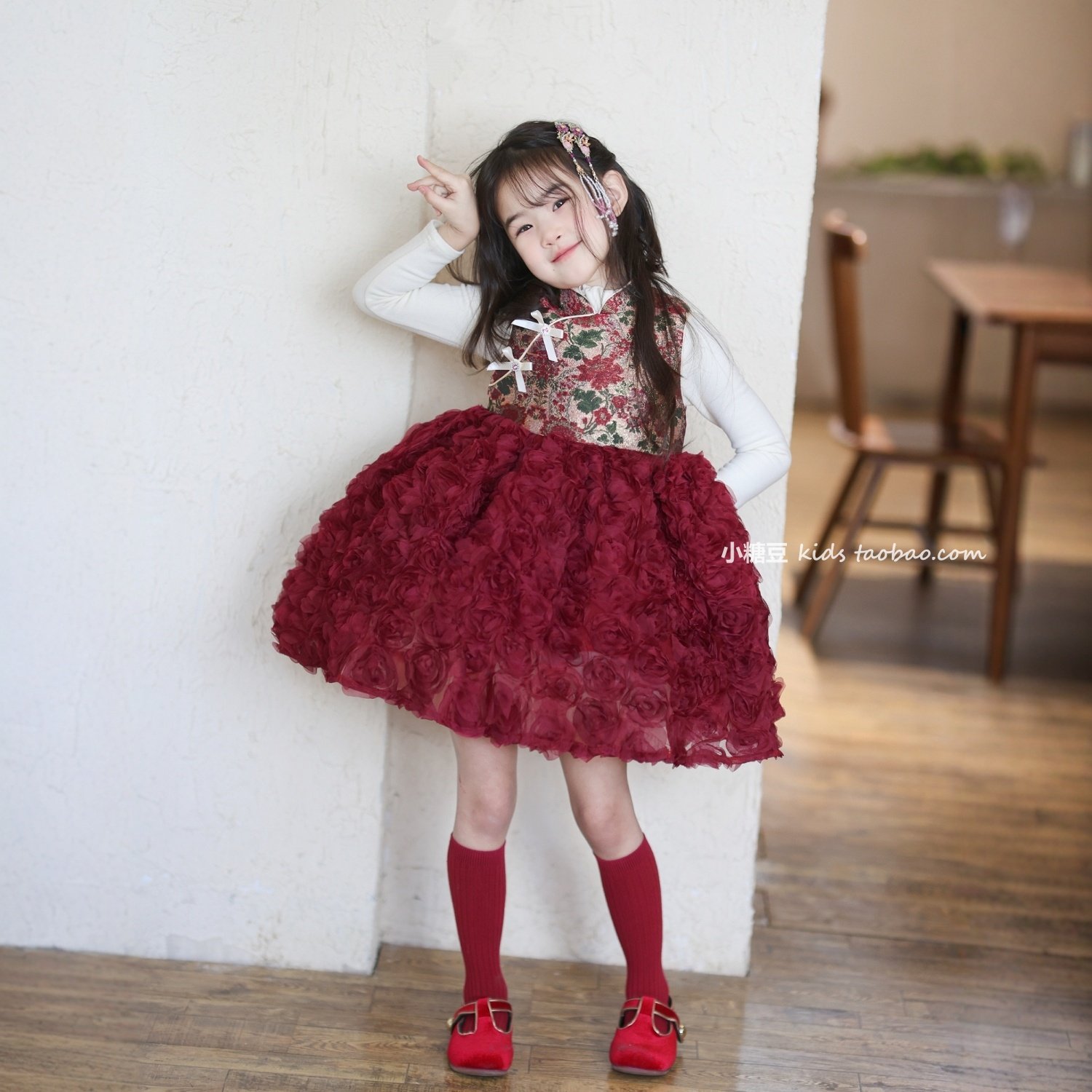 女童新中式提花玫瑰花网纱连衣裙2025冬女孩蓬蓬蛋糕裙公主裙礼服,童装/婴儿装/亲子装,连衣裙,淘宝优惠券,粉丝福利购,淘宝优惠卷