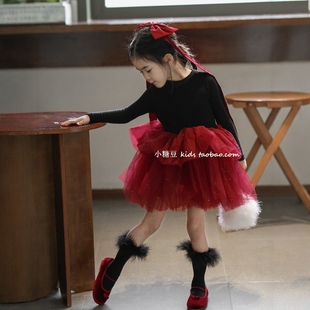 女童红色亮片纱裙小黑裙连衣裙2025秋冬女孩加绒蓬蓬公主裙表演裙