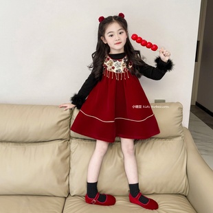 女童千金风红色亮片丝绒背心裙2025冬季女孩加绒公主裙圣诞礼服裙