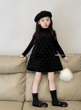 女童黑色夹棉闪闪丝绒背心裙连衣裙2025冬季女孩千金风钉珠公主裙