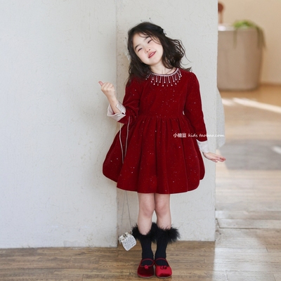 女童红色闪闪丝绒蓬蓬公主裙