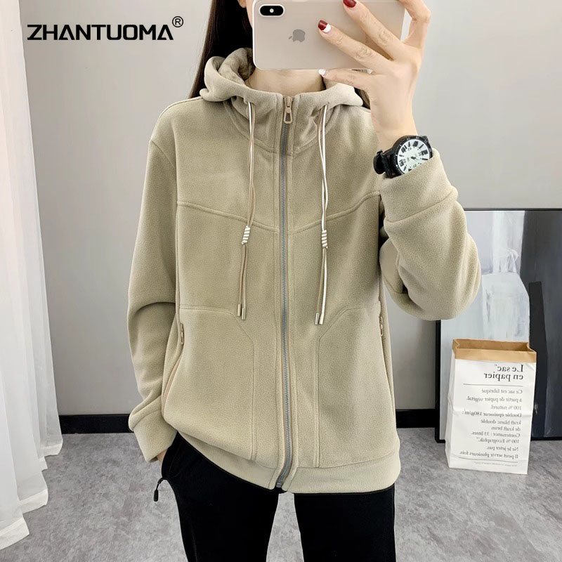 连帽抓绒衣女2025秋冬季加绒加厚