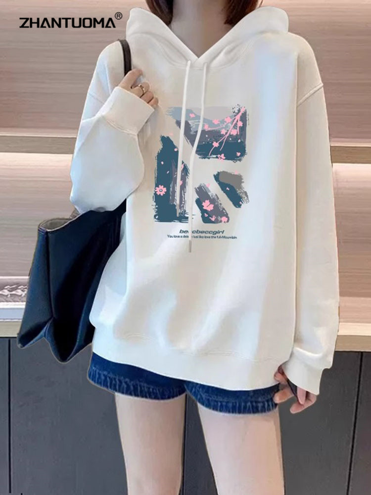 白色连帽卫衣女款2025年秋季时髦百搭加绒加厚宽松透气印花上衣