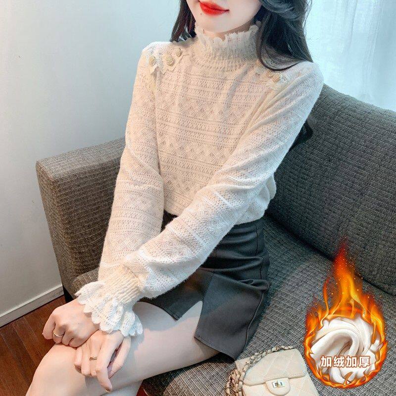 植绒加厚法式显瘦蕾丝衫女