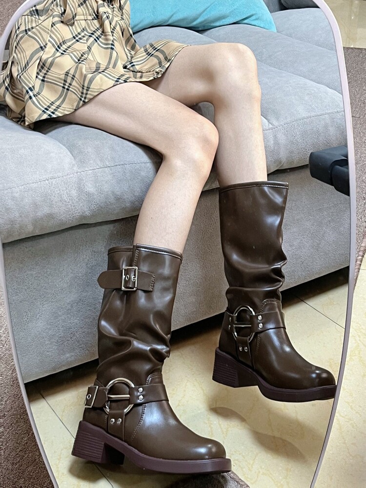 SMALL MAN MID-CUT RIDER BOOTS WOMENS BLOCK HEEL FLAT LEATHER SQUARE TOE PLEATED PILE BOOTS BROWN WESTERN COWBOY BOOTS TIDE