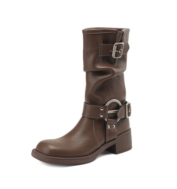 SMALL MAN MID-CUT RIDER BOOTS WOMENS BLOCK HEEL FLAT LEATHER SQUARE TOE PLEATED PILE BOOTS BROWN WESTERN COWBOY BOOTS TIDE