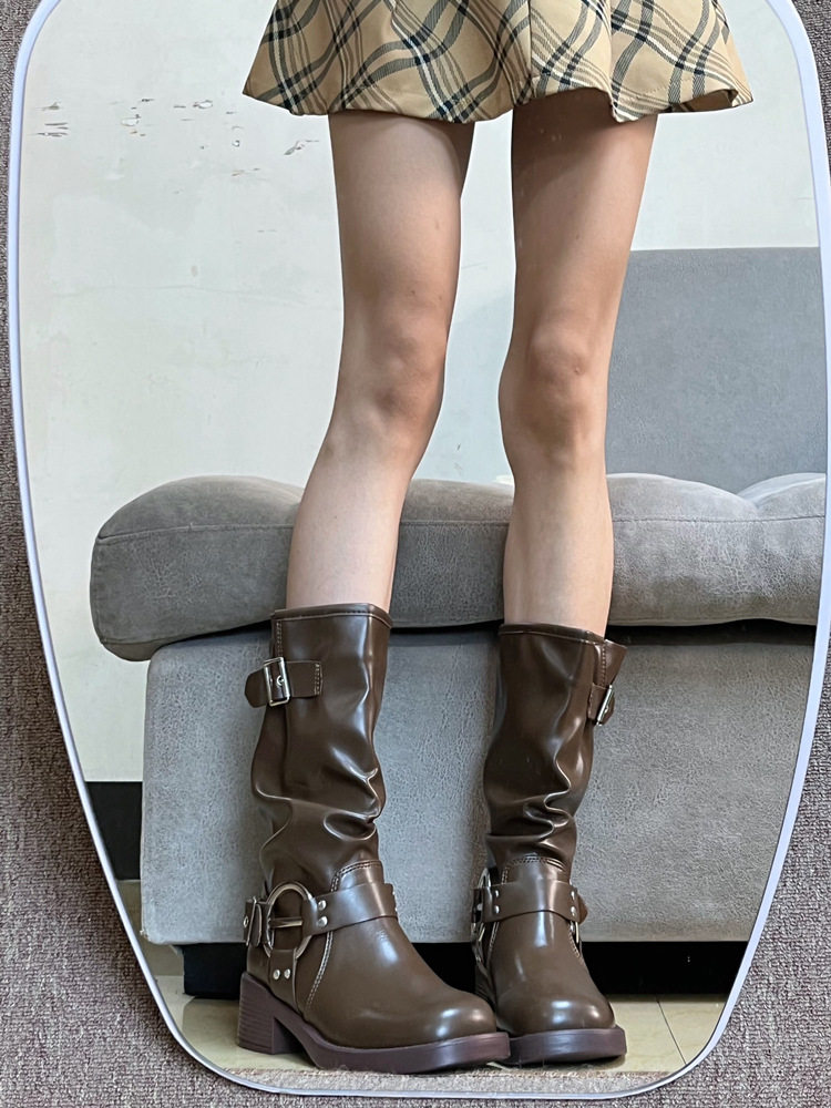 SMALL MAN MID-CUT RIDER BOOTS WOMENS BLOCK HEEL FLAT LEATHER SQUARE TOE PLEATED PILE BOOTS BROWN WESTERN COWBOY BOOTS TIDE