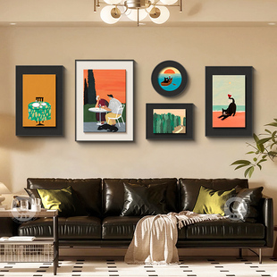 中古风客厅装 饰画小众艺术沙发背景墙挂画覆古抽象高级感组合壁画