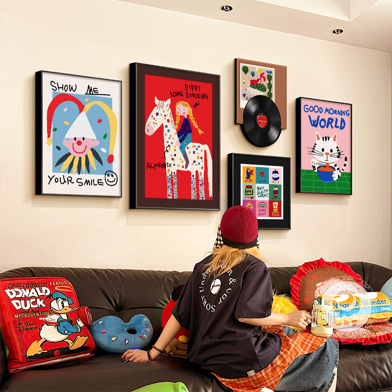 多巴胺客厅装饰画 画卡通覆古沙发背景墙挂画 画儿童房卧室床头组,家居饰品,现代装饰画,淘宝优惠券,粉丝福利购,淘宝优惠卷