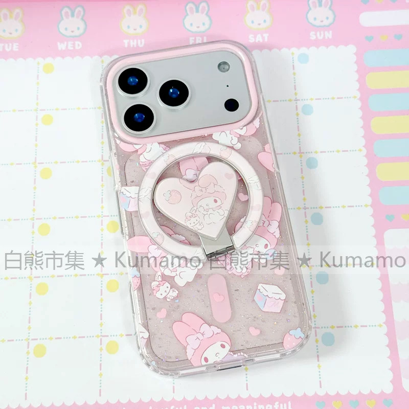 适用iphone17promax苹果17手机壳MagSafe磁吸16支架15透明14闪粉13小清新s26ultra折叠美乐蒂支架少女保护套