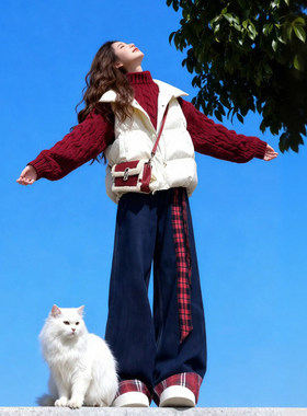 冬日ootd穿搭一整套装韩系松弛感洋气减龄棉服马甲针织毛衣阔腿裤