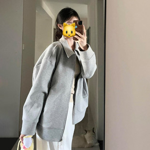 灰色翻领卫衣外套女款春秋季2025新款韩系宽松棒球服独特休闲 上