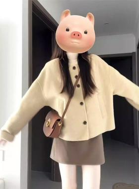 卡其色双面毛呢子外套女韩系一整套深冬穿搭老钱风短款羊毛大衣厚