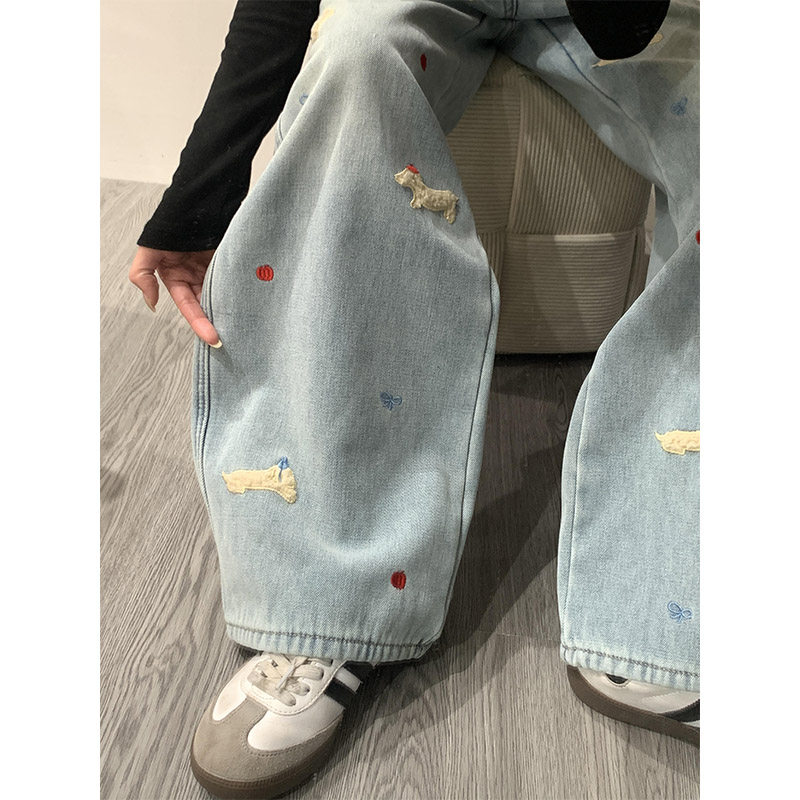 腊肠狗刺绣牛仔裤女秋冬