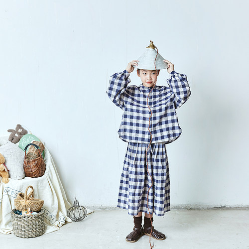 羊毛与花亲子装日本进蓝紫色格纹棉麻混纺长袖衬衫