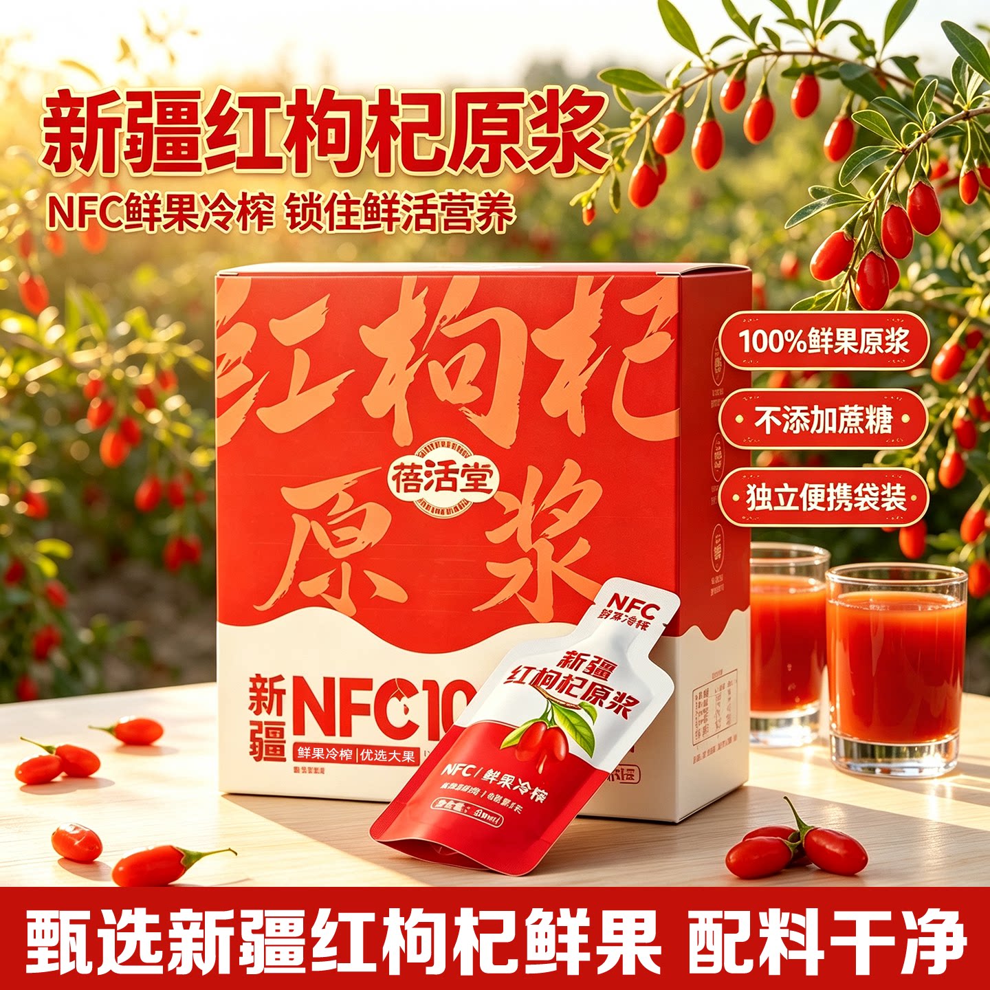 新疆饮品蓓活堂NFC100%红枸杞原浆210ml独立装精河鲜果冷榨选大果