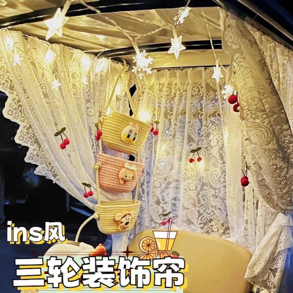 帘装饰纱帘电动三轮车蕾丝遮阳防晒防尘免打孔魔术贴帘遮挡贴自粘