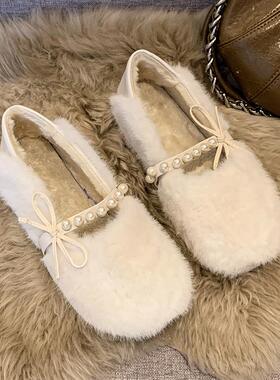 仙季女风两女穿豆鞋珍珠加绒豆豆鞋豆205年秋2冬新款懒人圆头棉鞋