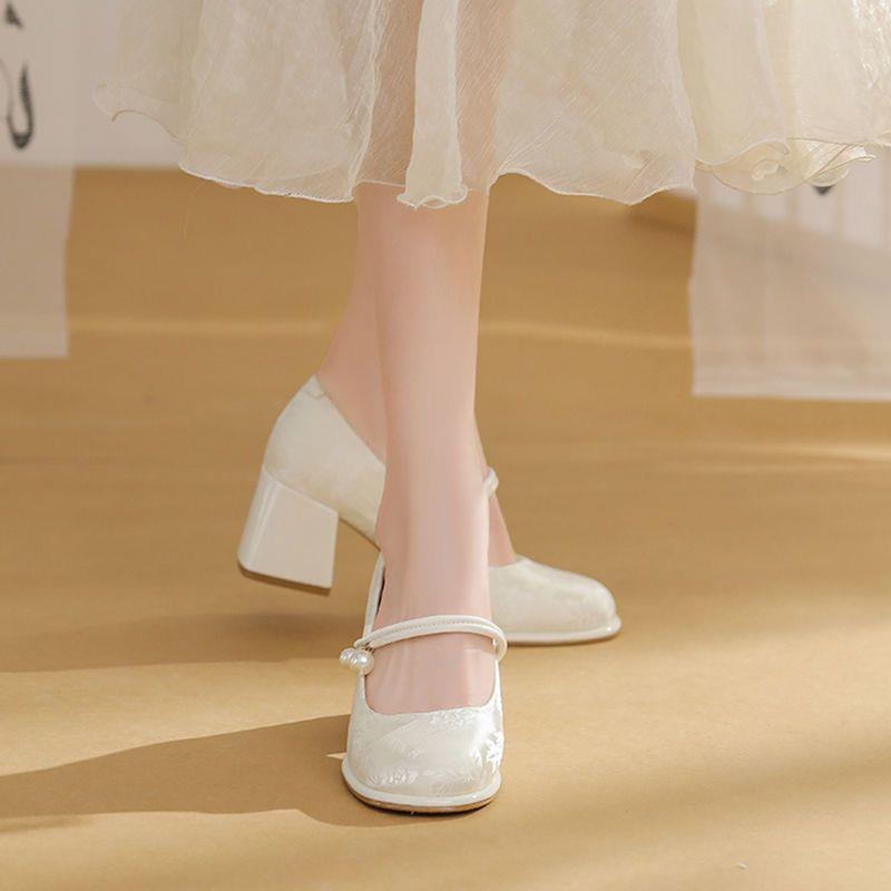 0法式晚风粗跟单口鞋女配裙子温夏一柔字扣带浅单鞋女225春季新款