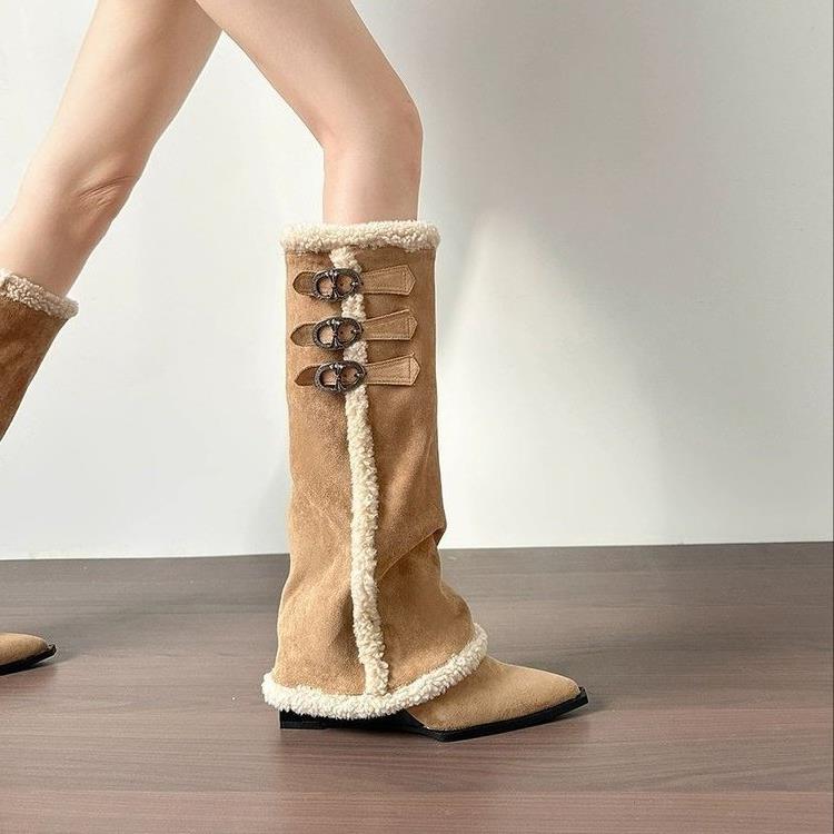 2025冬秋新款尖高跟时装头靴小众设不过膝长筒靴皮计带扣骑士感靴