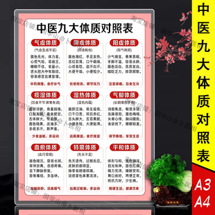 中医九种体质对照表速记卡  九大体质对照学习卡塑封防水速记卡片