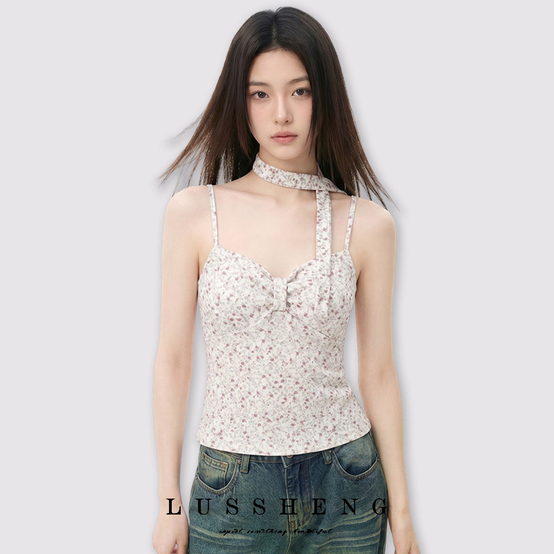 鹿笙笙纯欲甜美碎花吊带背心女辣妹修身显瘦带胸垫绝美无袖上衣