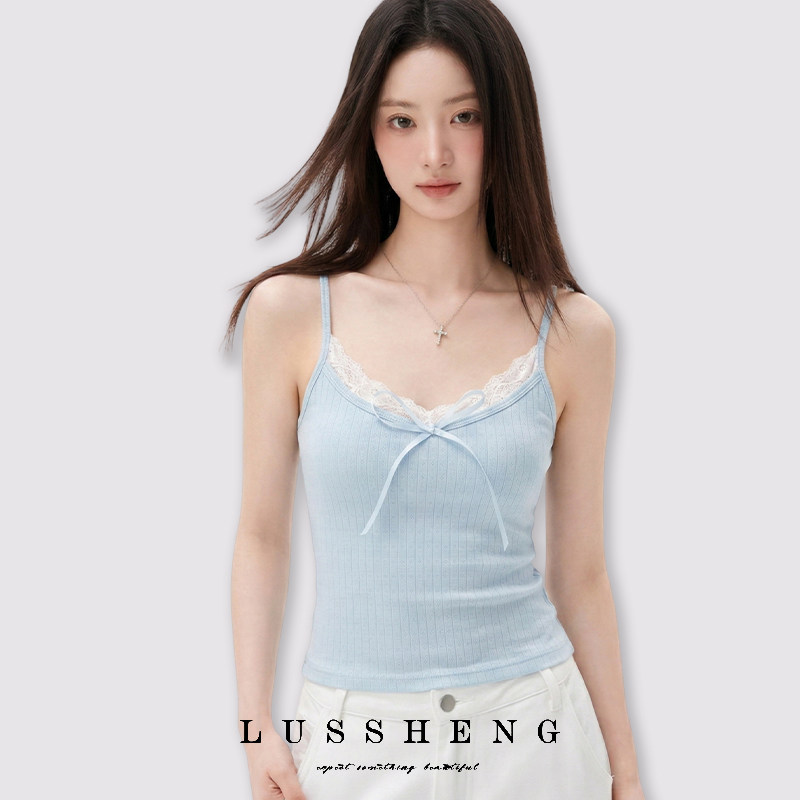 鹿笙笙韩系多巴胺蕾丝吊带背心女自带胸垫内搭外穿夏季蝴蝶结上衣