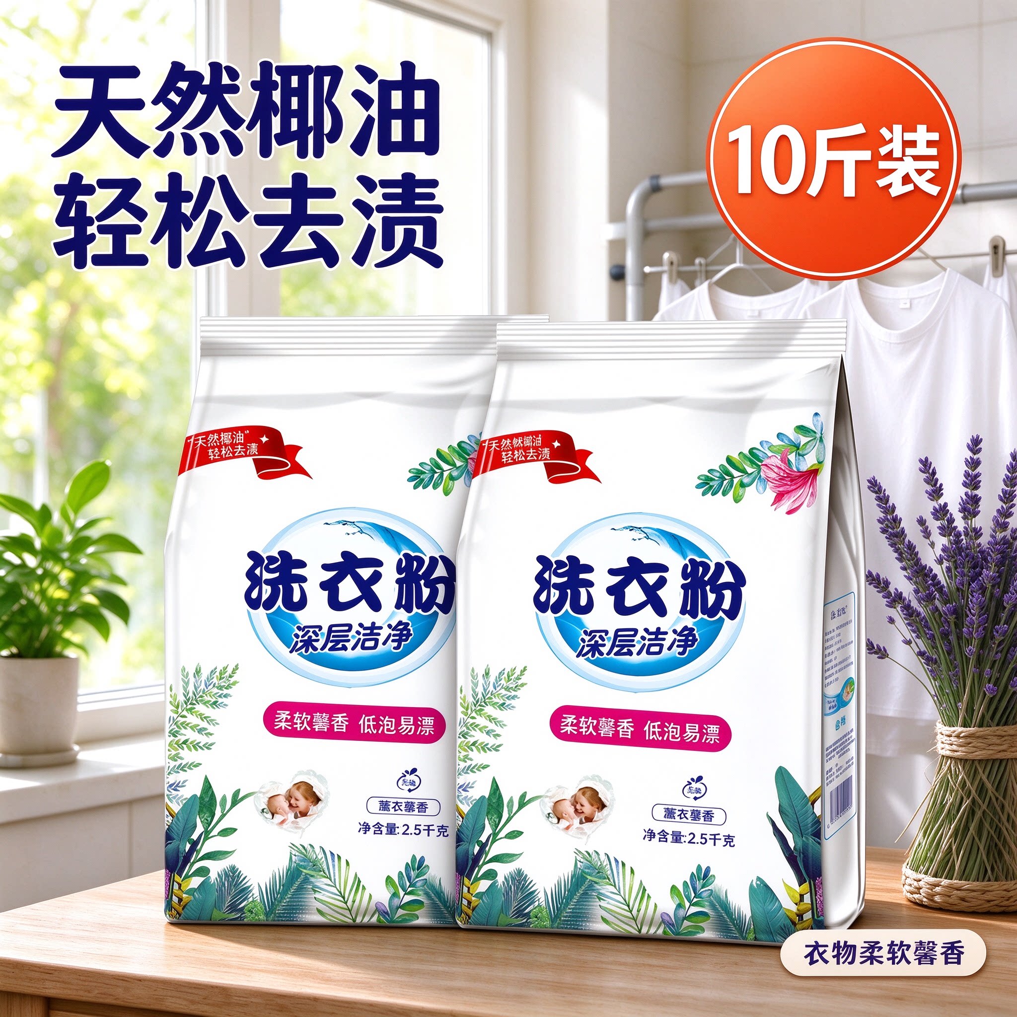 洗衣粉薰衣草香不含磷渍留香柔顺衣物1-10斤洁净去渍5kg家庭装