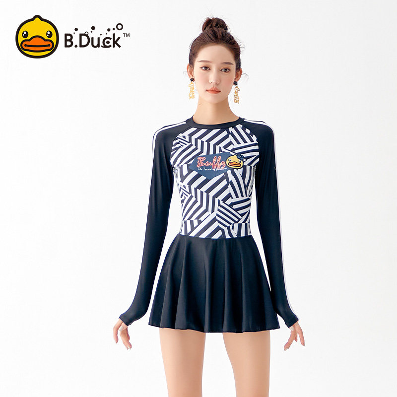 duck小黄鸭2022新款泳衣女连体保守长袖游泳衣显瘦大码温泉泳装