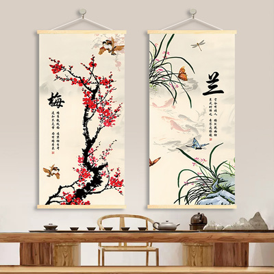 新中式客厅装饰画梅兰竹背景壁画
