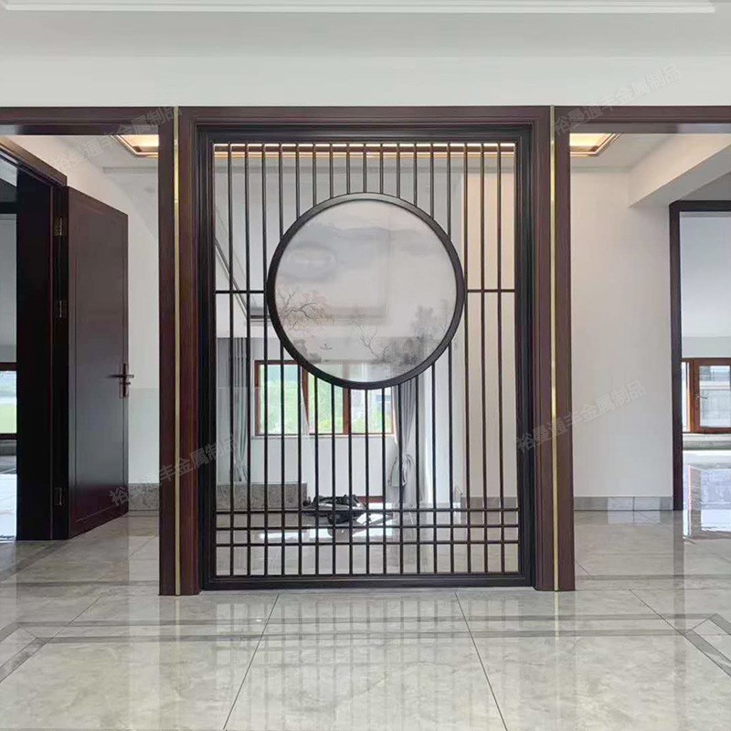 玄关新中式花格禅意装饰画圆形钛金金属玻璃屏风山水画隔断图片