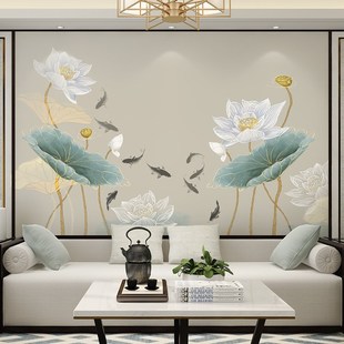 电视背景墙纸壁纸古典工笔荷花壁画卧室客厅书房无缝墙布 现代中式