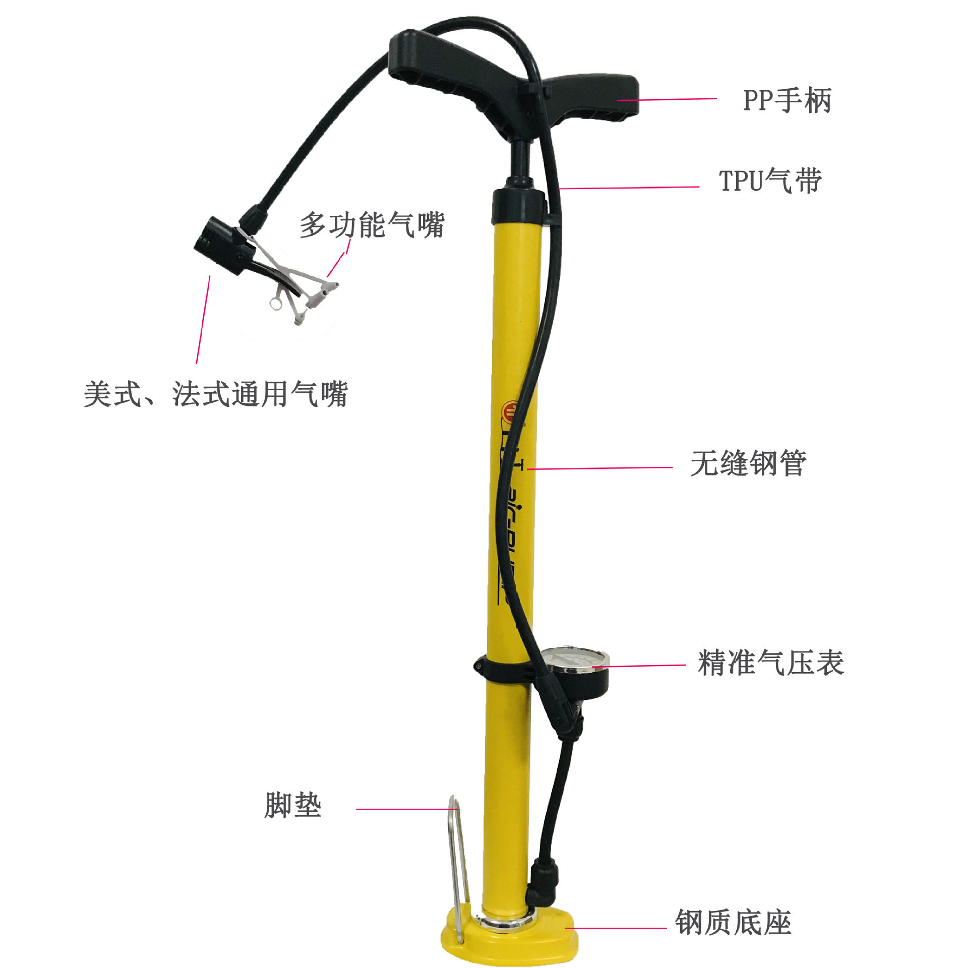 河北欧耐新款便携式打气筒带气压表充气筒厂家直销
