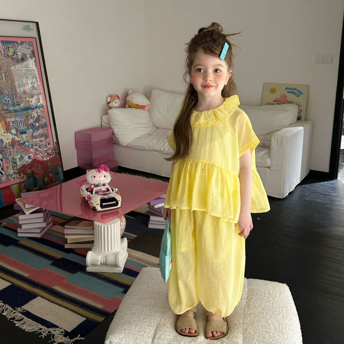 夏季新款韩版女童棉质花边领夏款套装黄色短袖宽松休闲儿童套装