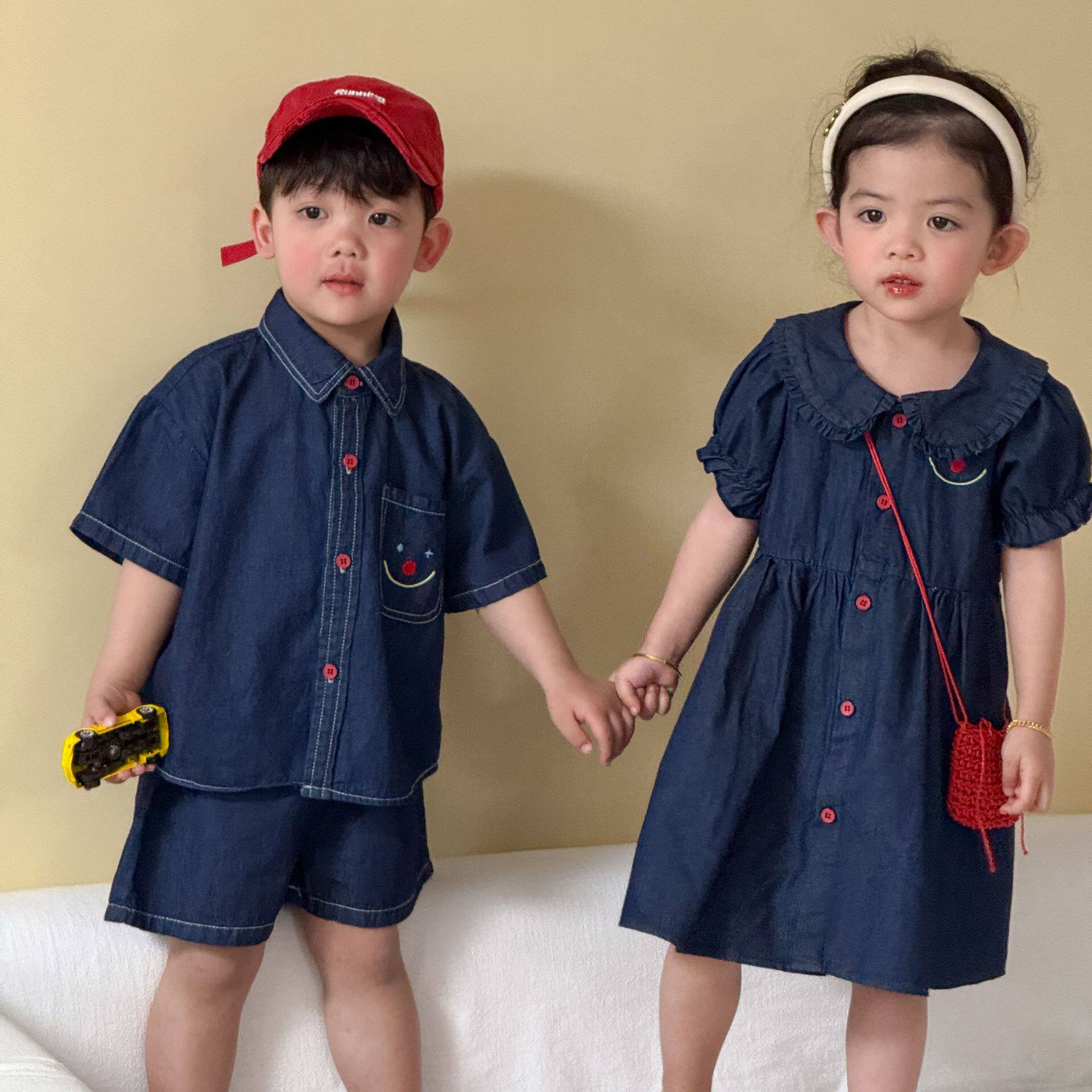 儿童夏季牛仔套装男童衬衫2026新款宝宝女童短袖连衣裙姐弟兄妹装