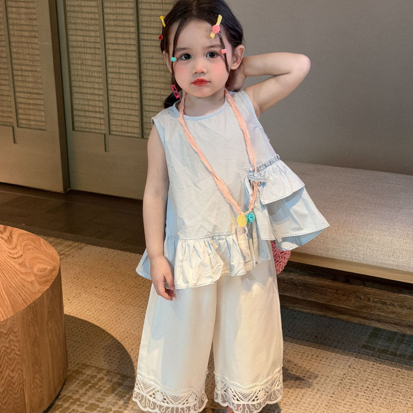 2026夏季新款童装韩版女童浅蓝不规则设计无袖衬衫棉布裤子套装