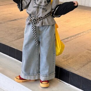 女童牛仔裤2026宽松休闲裤韩版儿童直筒裤百搭裤子春季卷边长裤潮
