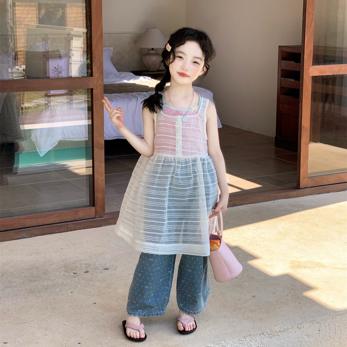 2026夏季新款童装女童吊带背心条纹罩纱两件套时髦圆点牛仔裤套装