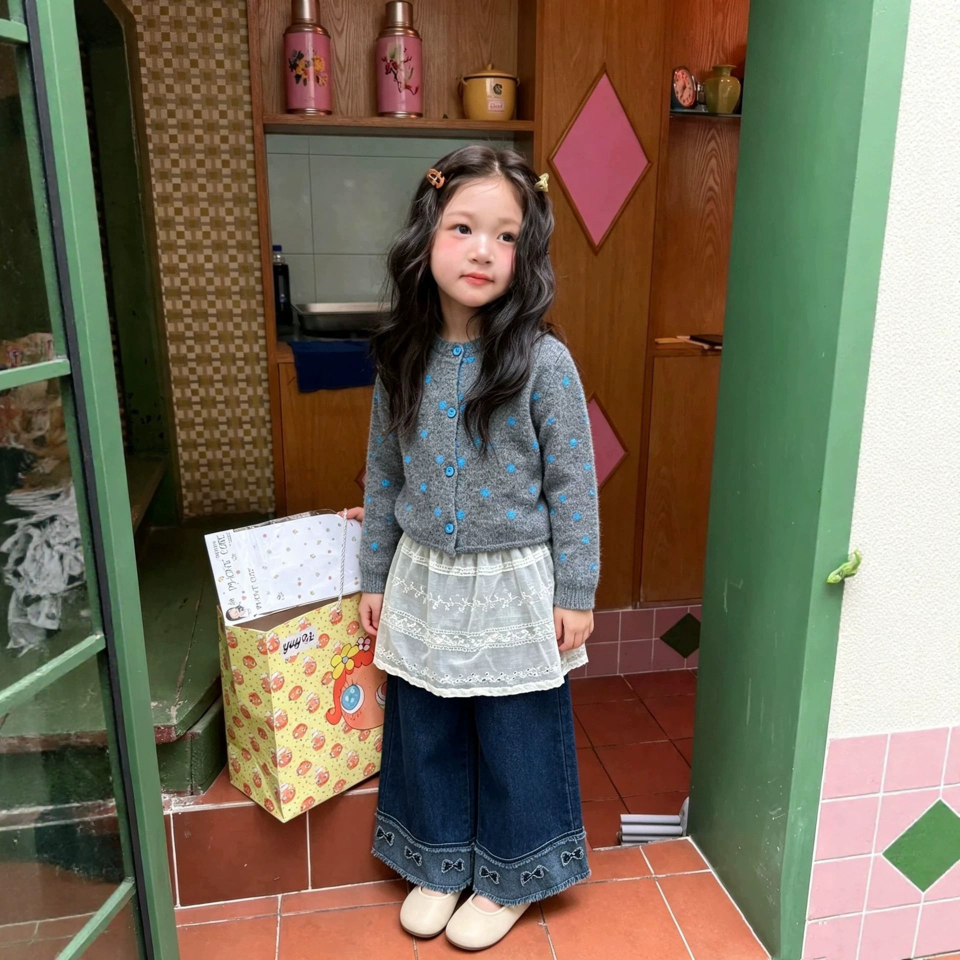 女童波点毛衣开衫秋冬新款儿童针织衫上衣叠穿屁帘牛仔裤两件套潮