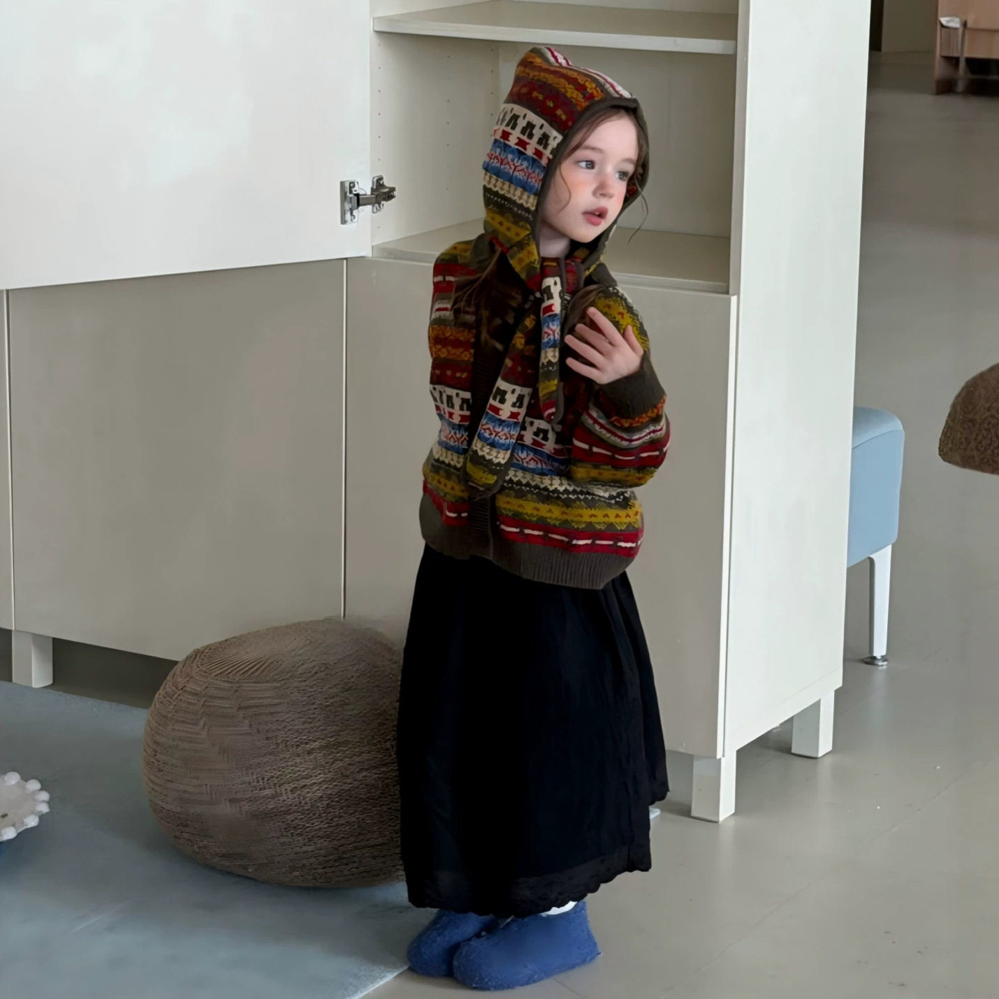 女童毛衣26秋新款韩版复古提花费尔岛毛衣针织开衫中大童甜美帽衫