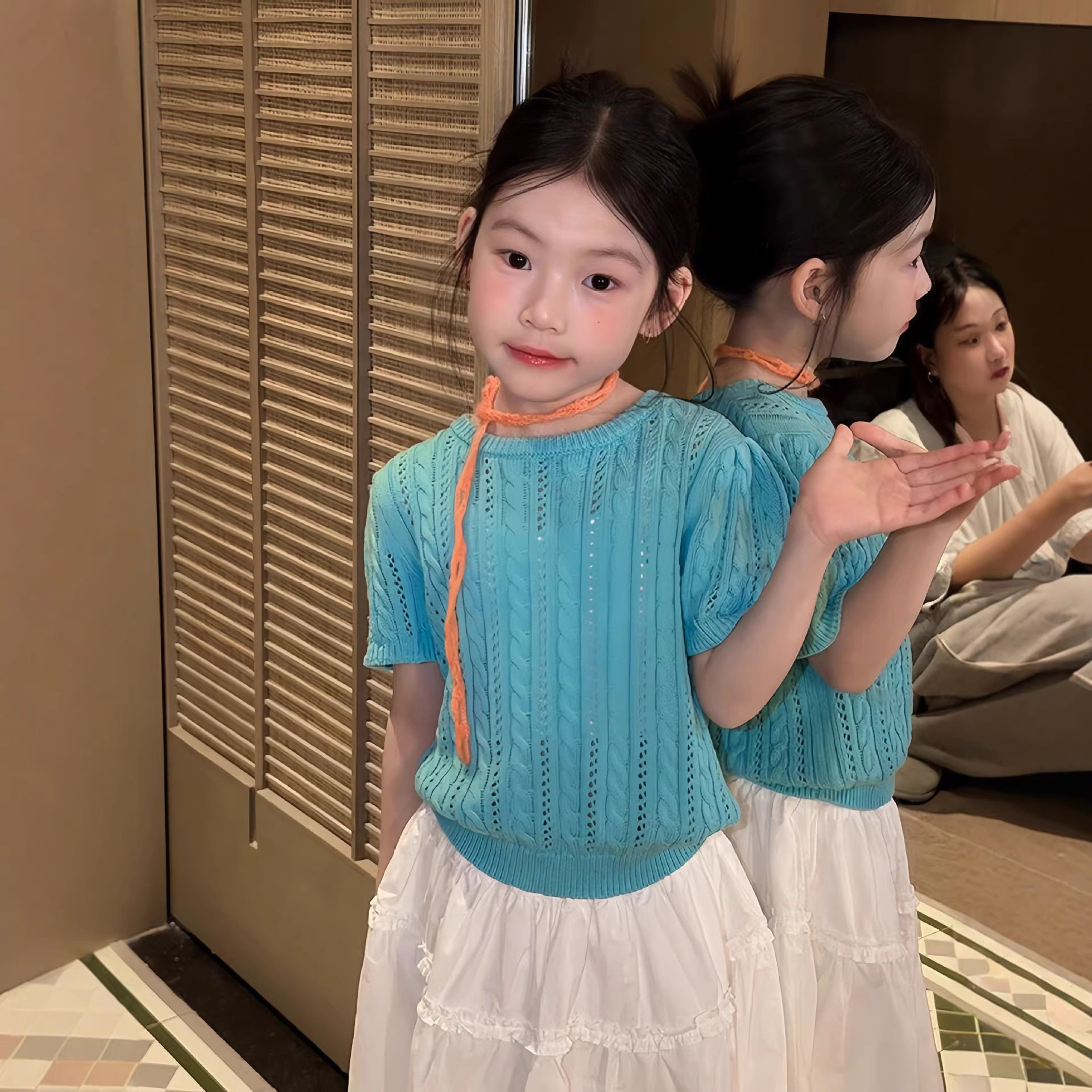 2026夏季新款韩系女童纯色薄款镂空短袖针织衫圆领上衣儿童装潮