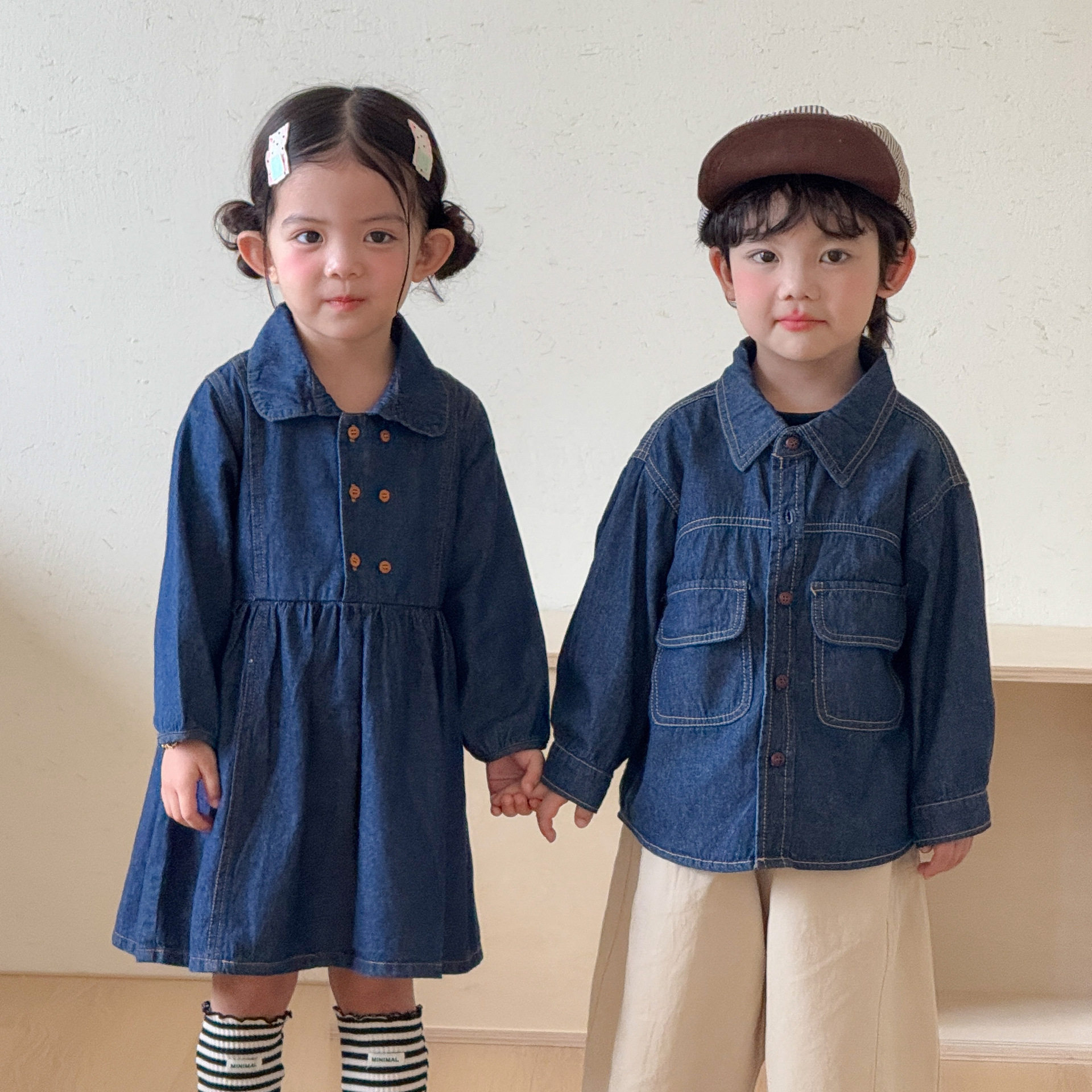 女童牛仔连衣裙兄妹秋装儿童长袖2026新款春秋季宝宝男童衬衫外套