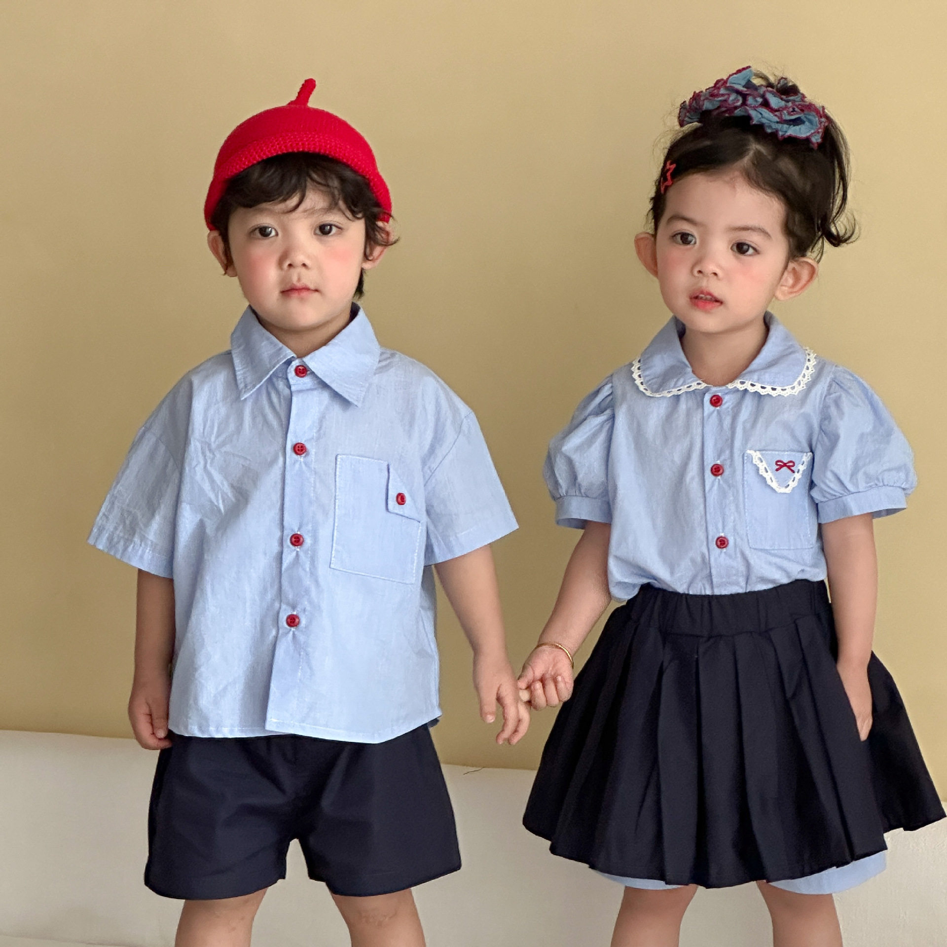 儿童夏季衬衫套装学院风男童2026新款宝宝女童短袖裙子姐弟兄妹装