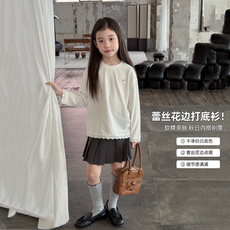 韩系女童精致蕾丝拼接花边长袖T恤打底衫儿童刺绣长袖上衣秋季